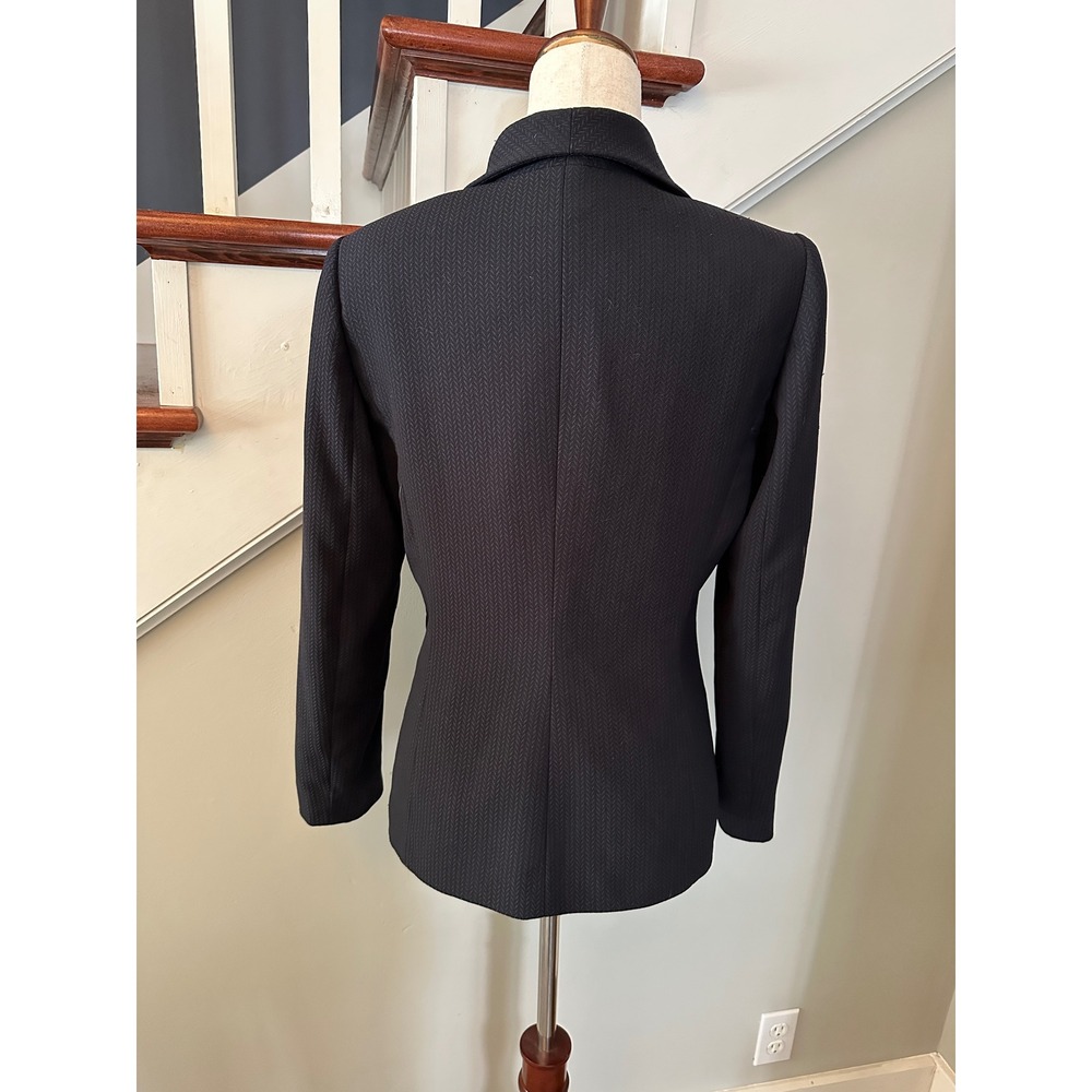 Vintage Tahari Levine Blazer 8 Black Herringbone Wide Collar Zip Pocket Jacket - Picture 3 of 15